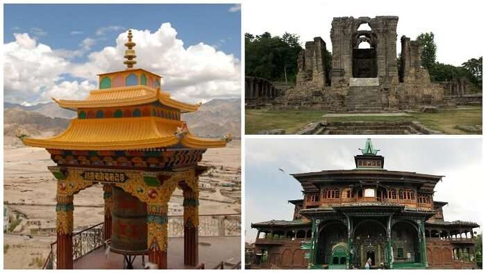 A collage of a Buddhist shrine, a temple, and a mosque in clockwise order