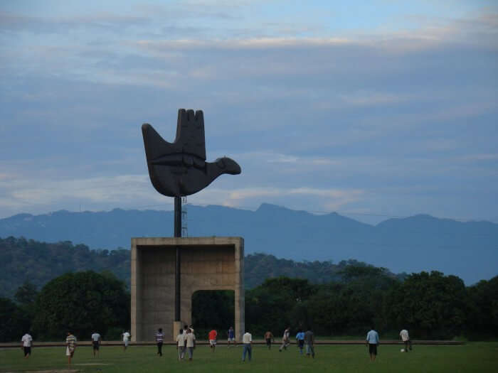 A view of the Chandigarh Open Hand Monument at the outskirts of the City Beautiful