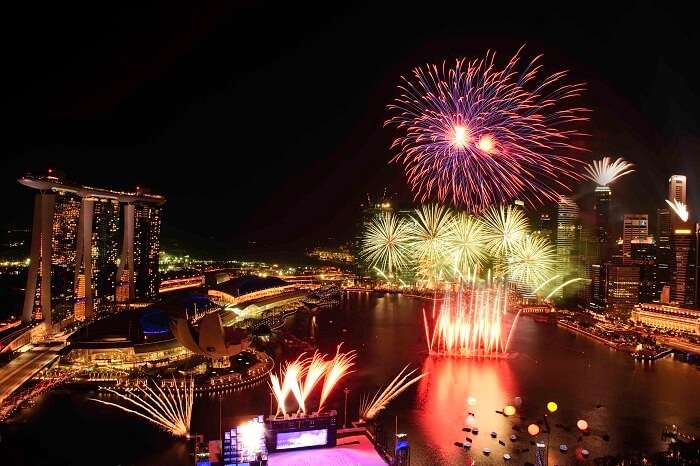 A fireworks display from Marina Bay