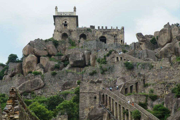 A view of the giant walls of the Golkonda Fort
