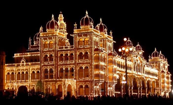 The historic Mysore Palace remains illuminated for all the ten nights of Dussara celebration