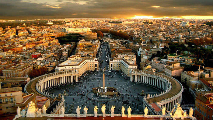 View of Rome and St. Peter’s Square from the dome of St. Peter’s Basilica in Vatican City.