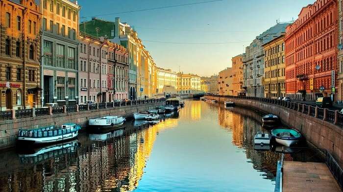 The refreshing canal amidst the land of St. Petersburg in Russia
