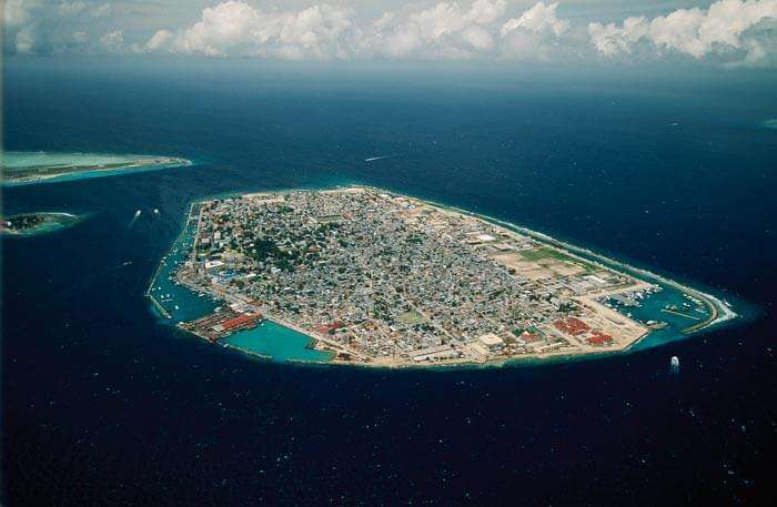 Aerial view of the island nation of Kiribati in the Pacific Ocean.
