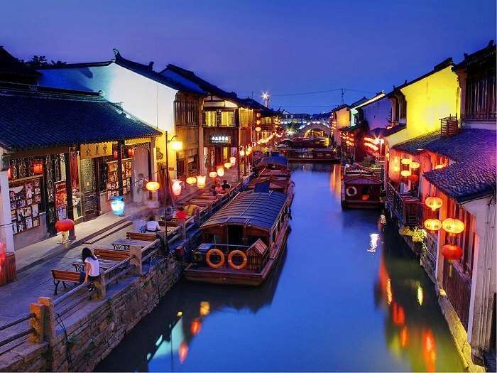 The beautiful night at the stunning canal city of Water Towns in China