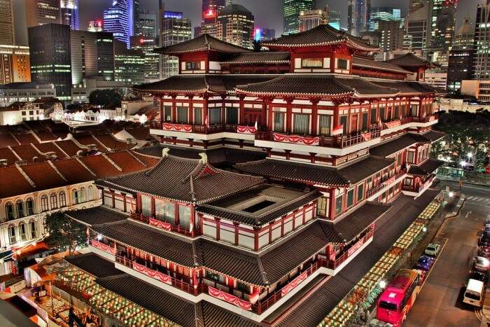 An aerial view of the Buddha Tooth Relic Temple