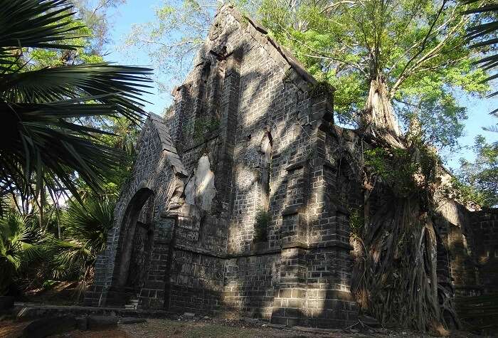 A view of the church in ruins at the Ross island