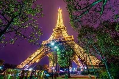 A scenic view of the Eiffel tower at night