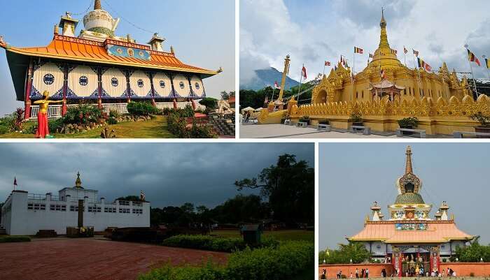 A collage of the popular places to see in Nepal in Lumbini
