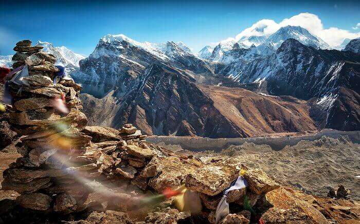 A beautiful view of the snow-capped mountains and other landscapes at Chomolhari