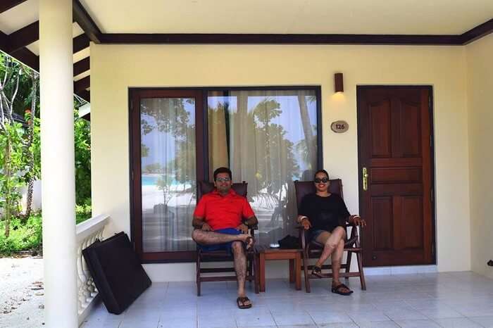 Yatin and wife in their room in Paradise Island Resort Maldives