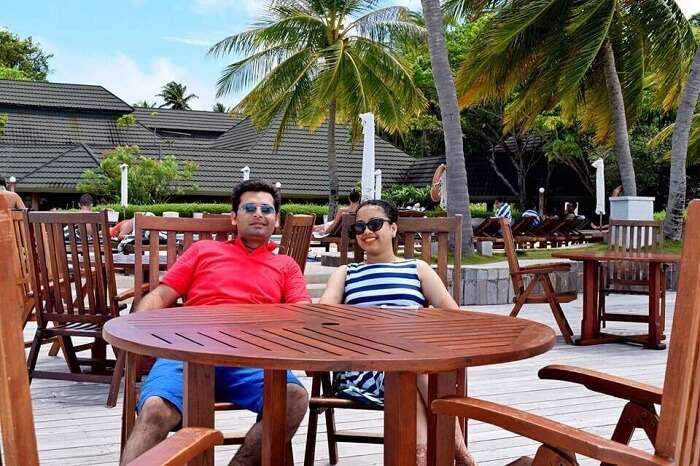 Yatin and his wife in a restaurant in Paradise Island Resort Maldives