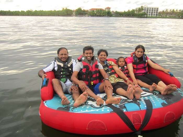 Roshan and his family on the sofa boat in Bentota