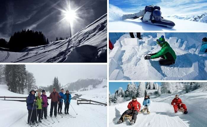 A collage of the various snow activities at Klosters Serneus Collage