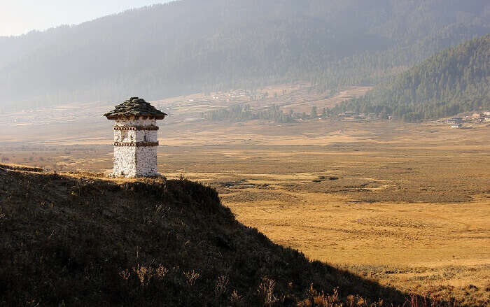 The beautiful Phobjikha Valley surrounded by mountains and lush greenery