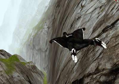 An individual practicing wingsuit flying