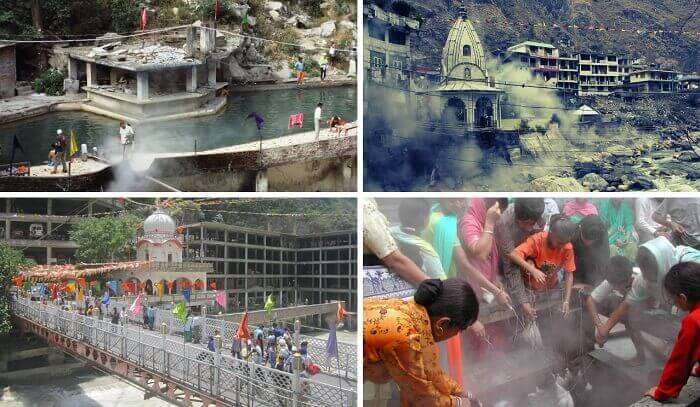 A collage of people bathing and cooking rice at Manikaran hot springs