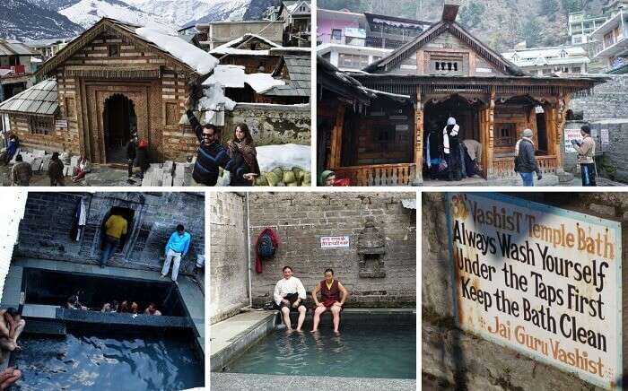 Scenes from the inside and outside of the temple at the Vashisht hot water springs