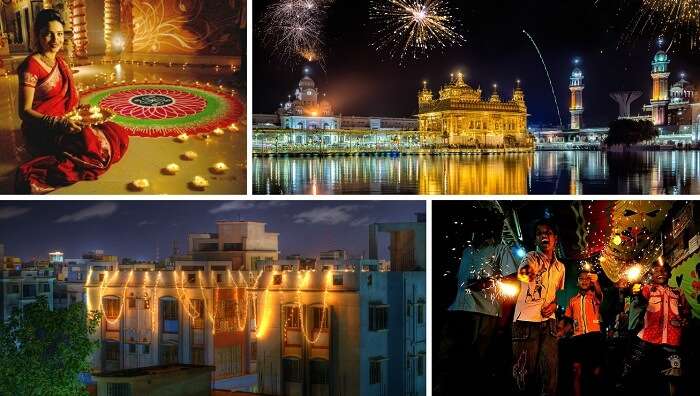 A collage of the festivities of Diwali