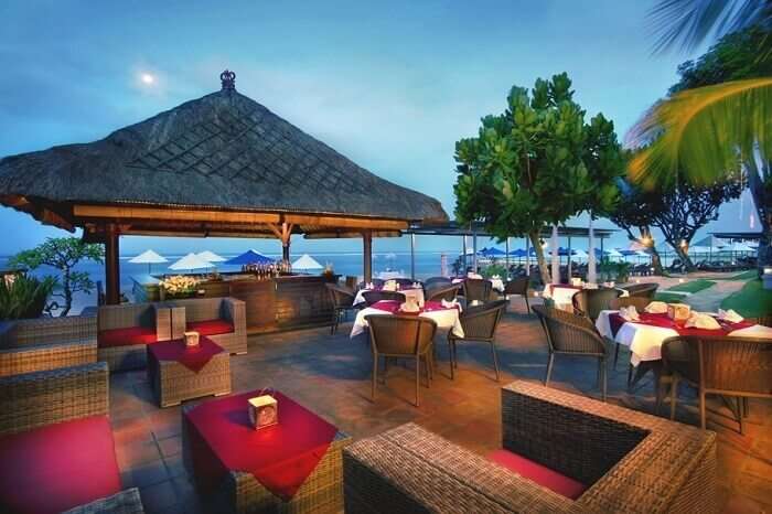 A view of the beach-side dining area at the Grand Aston Bali Beach Resort