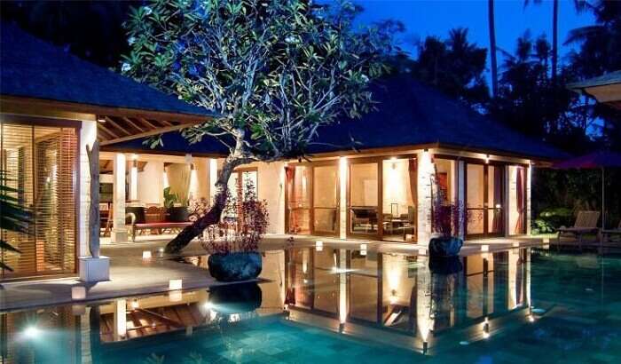 A late evening shot of the pool and the Jamahal Resort at Jimbaran Bay