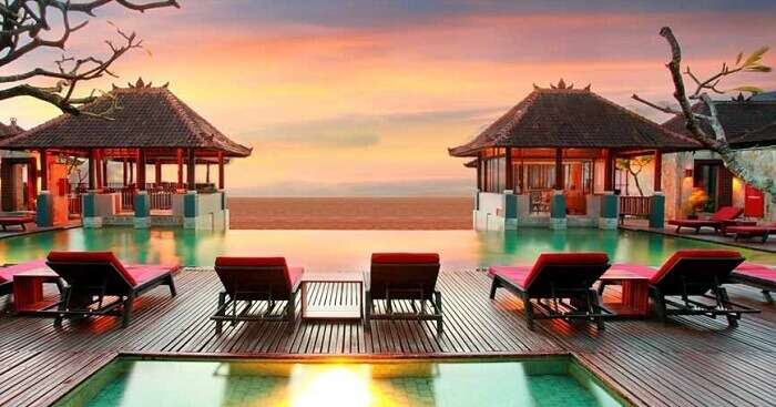 A view of the sunset at the relaxing pools of Mercure beach resort in Bali