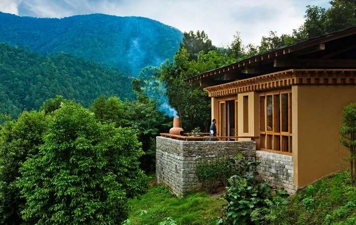 The view of the balcony and the hills in backdrop at Uma by COMO at Punakha