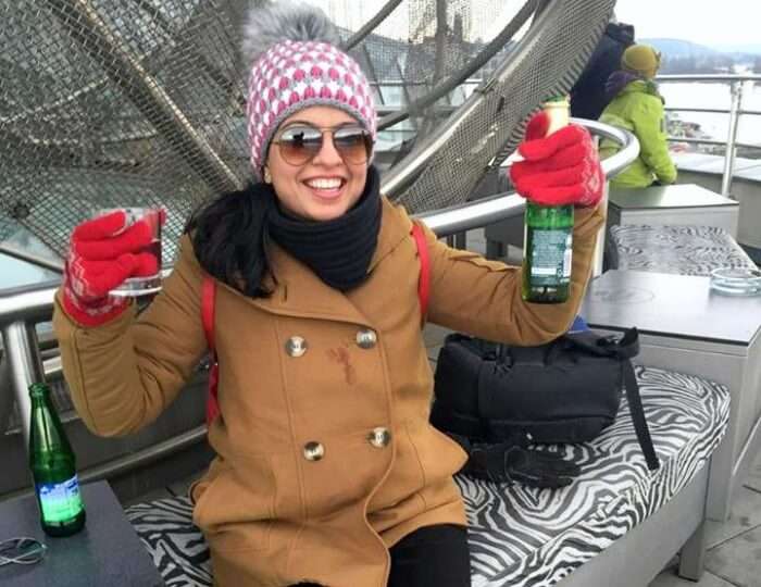 Enjoying a drink on top of the tower in Prague