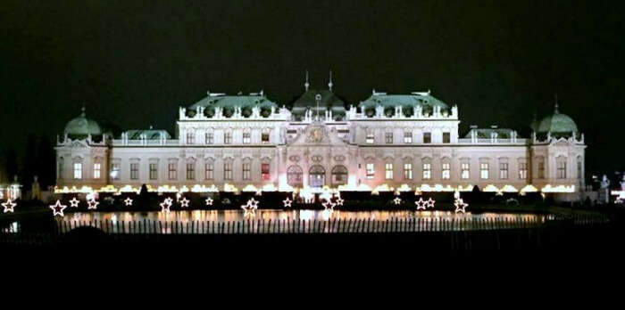 Beautifully lit up buildings on a dark evening in Europe