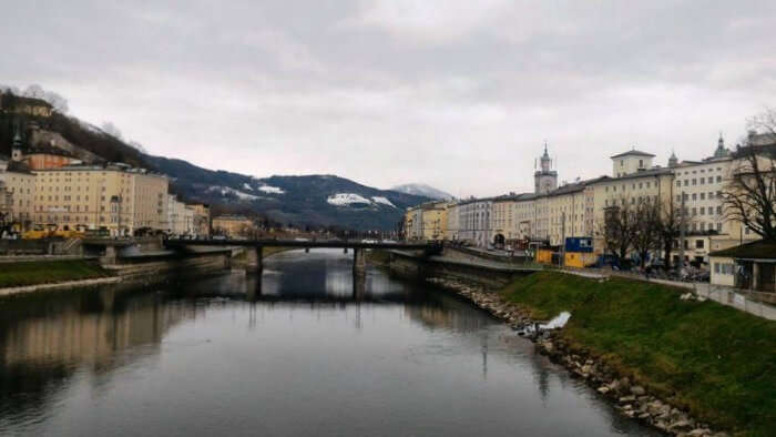 The scenic beauty of Salzburg on a cloudy day beside the river