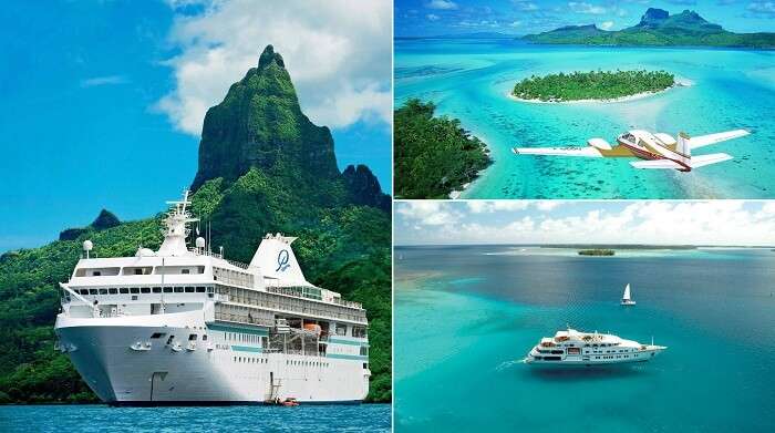 A collage showing the modes of transport to Bora Bora