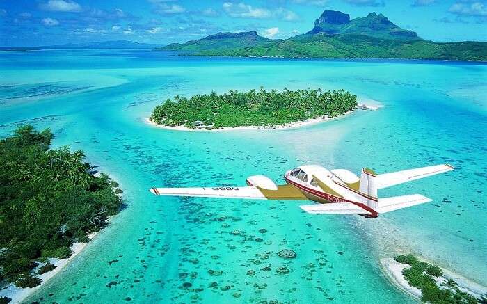 The Air Tahiti flight over the blue waters of Polynesia