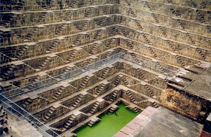 A view of the Chand Baori step well in the village of Abhaneri