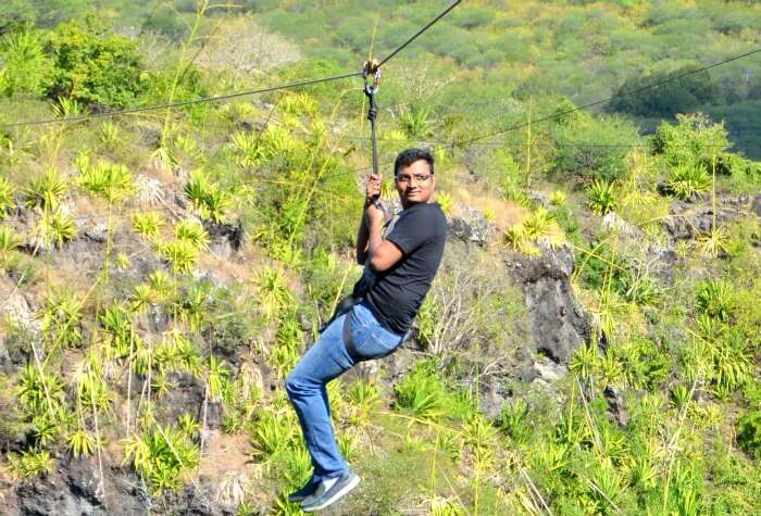 Chiranth enjoying the adventure of Zipline in Mauritius