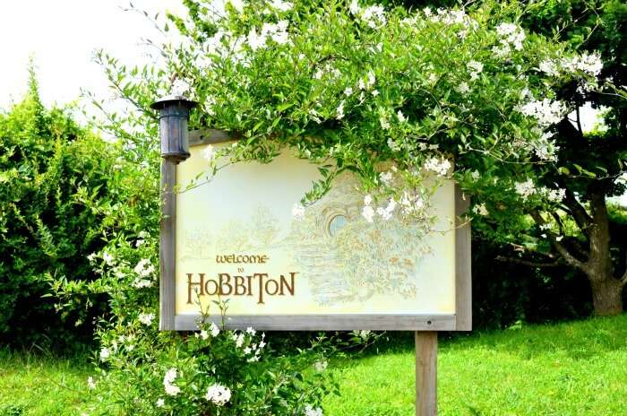 Hobbiton entry and information board in New Zealand