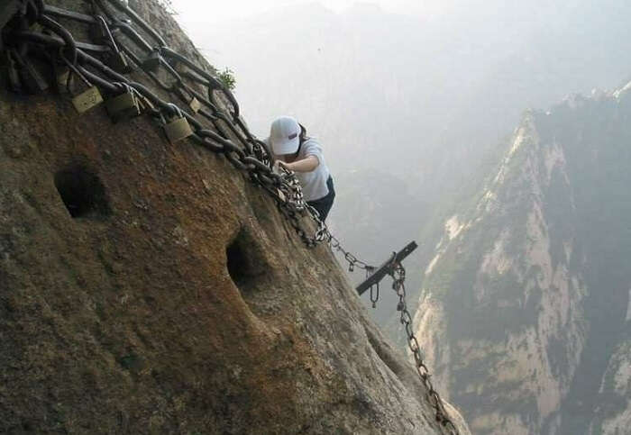 Toe holes and iron chains on Mount Huashan