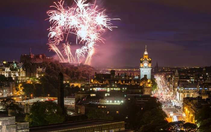 The fireworks during Hogmanay Celebrations in Edinburgh