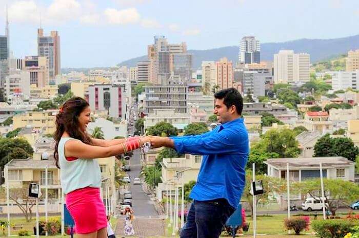 Tarun and his wife posing in Port Louis Mauritius