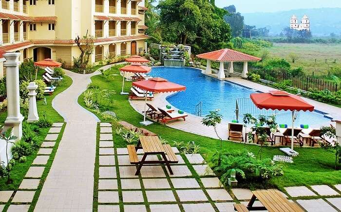 The lively terrace of Fortune Select Regina Hotel in Goa near Calangute beach