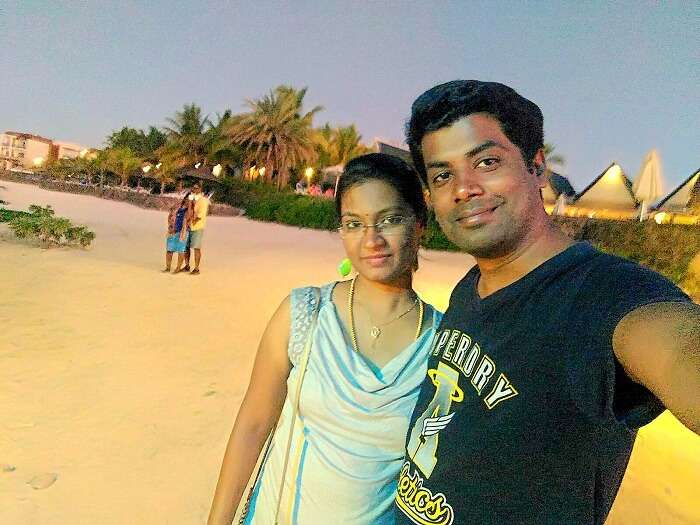 Karthik and his wife on the beach in Mauritius 