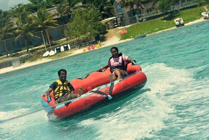Karthik and his wife do water sports in Mauritius