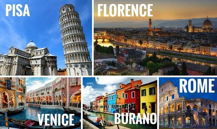 A collage of the Italian cities covered in one of the most popular Europe trips