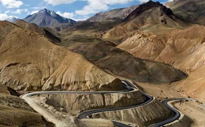 The winding roads of the Manali-Leh Highway in the magnificent hills of Ladakh