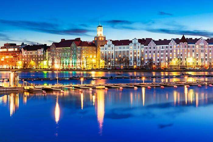 A gorgeous night view of Helsinki still illuminated by sunlight