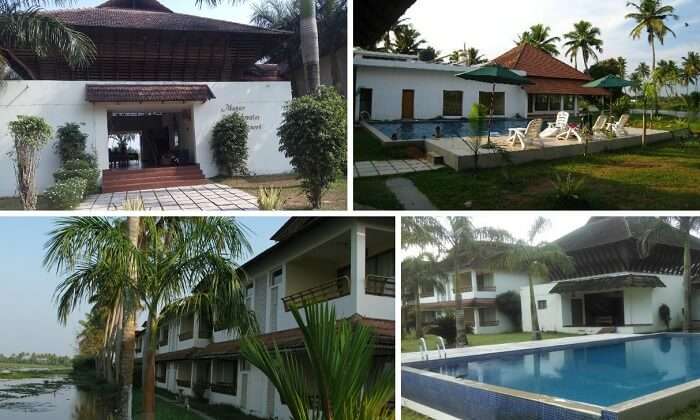 A collage of the various views from Manor Backwater Resort in Kumarakom