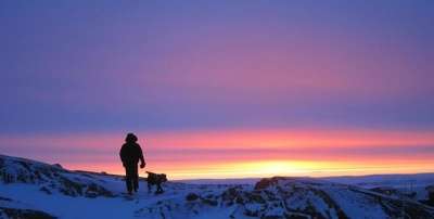 The amazing view of the Midnight Sun while a man walks his dog in the snow