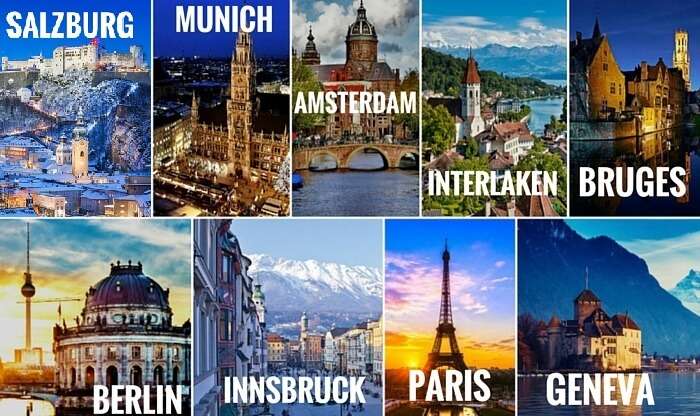 A collage of the cities covered in most popular Europe trips through the best of West Europe