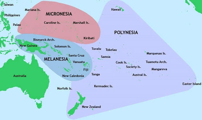 A map showing the Oceania area and its districts