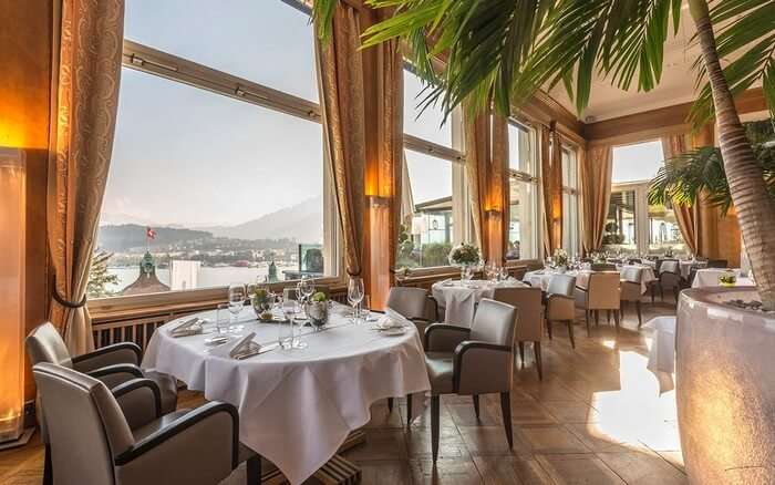 The dining area of the Art Deco Hotel Montana Luzern guarantee a perfect Switzerland honeymoon