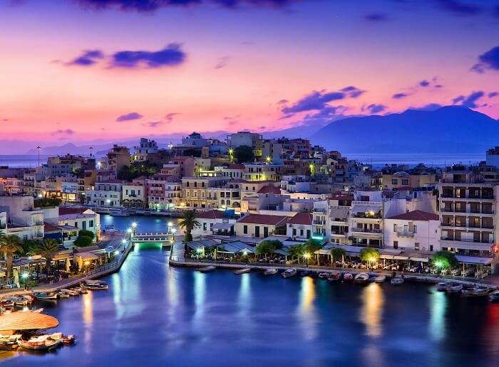 The shimmering city lights at Crete in Greece